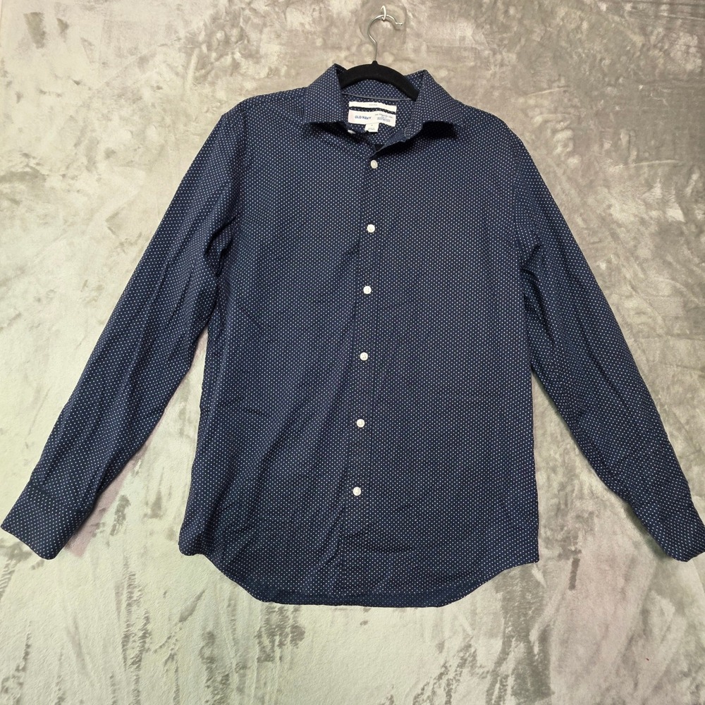 Old Navy Mens Signature Shirt Slim Fit Navy Blue Polka Dot Long Sleeve Medium